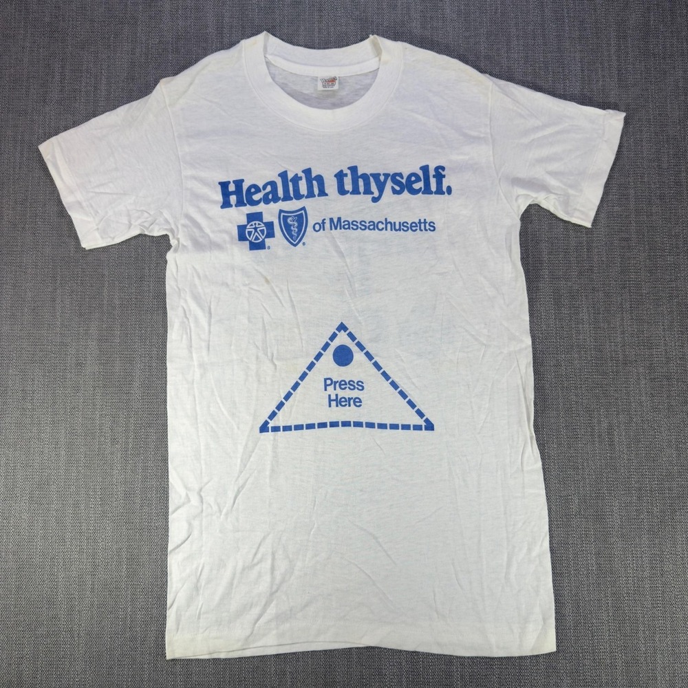 Vintage Blue Cross Blue Shield Shirt Mens Small White Health Thyself Graphic Tee